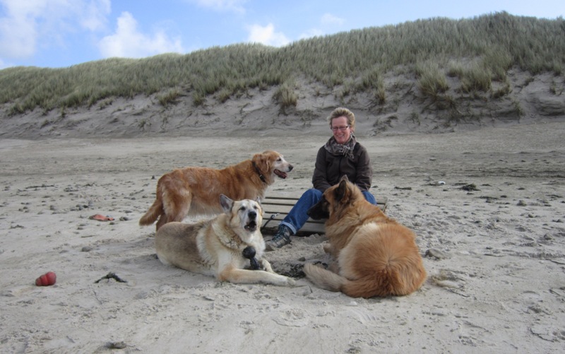 Anja Drewes sitzt mit drei Hunden am Strand